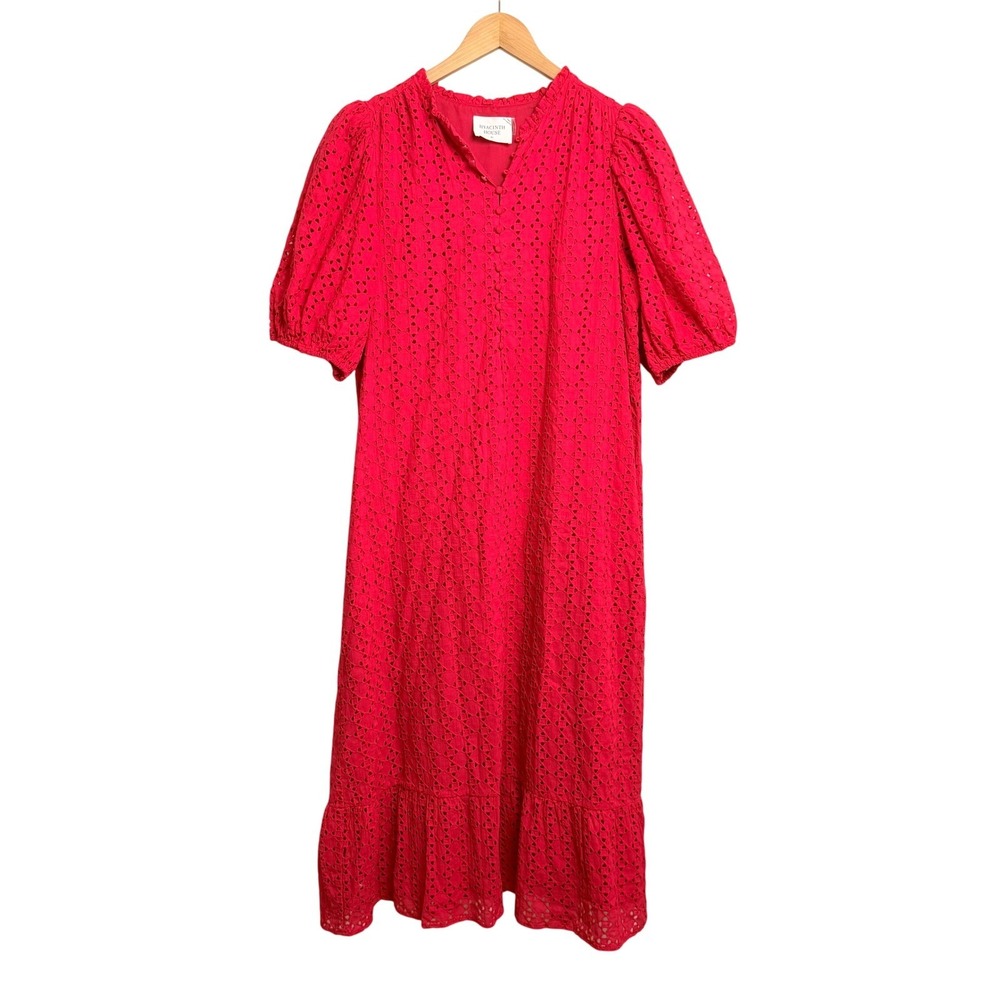 Hyacinth House Red Eyelet Midi Dress Puff Sleeve Button Front Ruffle Neck XL